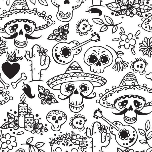 ilustrações, clipart, desenhos animados e ícones de desenho vetorial no estilo doodle. dia padrão dos mortos no méxico. alegres crânios pintados em um sombrero. el dia de muertos - day of the dead skull tattoo mexico