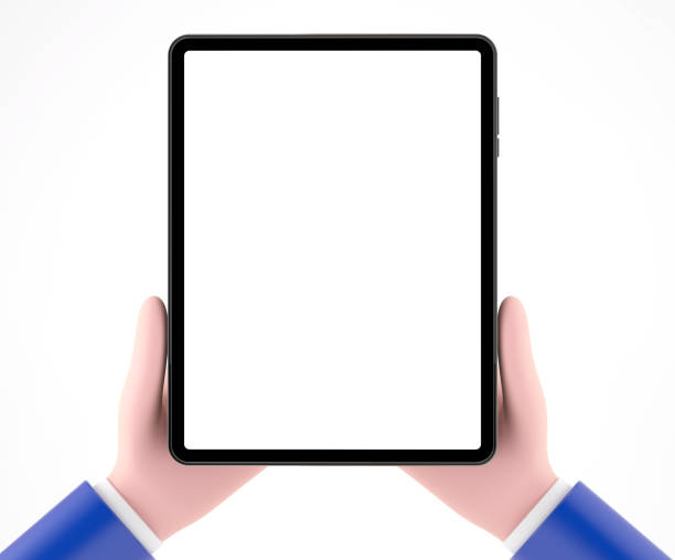 istock Cartoon 3D hand holding digital tablet isolated on white background. 1414749066