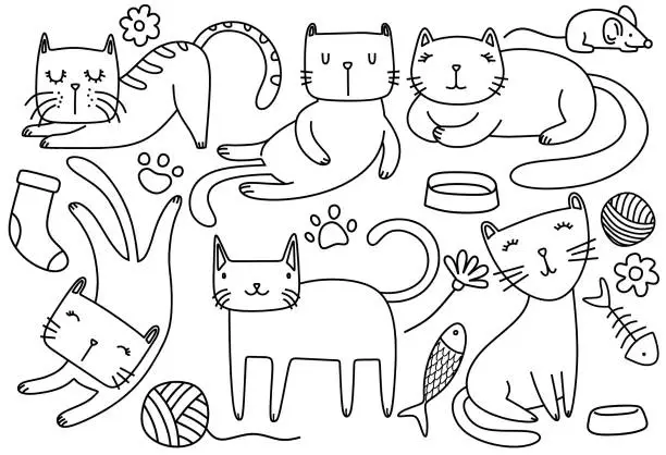 Vector illustration of Funny doodle cats sketch. vector illustration