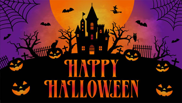 ilustraciones, imágenes clip art, dibujos animados e iconos de stock de feliz ilustración vectorial de silueta de halloween para banner web, etc. - halloween background