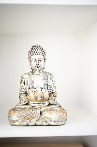 buddha statue on a rock in a soft water wave meditating in an idyllic green bamboo garden, spa background with asian spirit and copy space