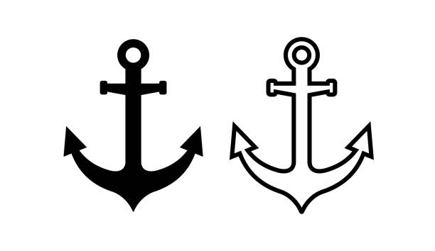 ilustraciones, imágenes clip art, dibujos animados e iconos de stock de icono de anclaje. símbolo marino. designaciones de buques o puertos. - ancla parte del barco