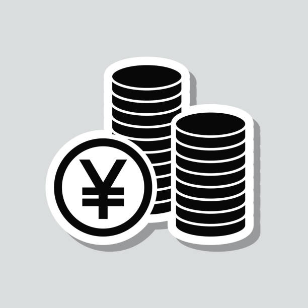 Yen coins stacks. Icon sticker on gray background Icon of "Yen coins stacks" on a sticker with a drop shadow isolated on a blank background. Trendy illustration in a flat design style. Vector Illustration (EPS file, well layered and grouped). Easy to edit, manipulate, resize or colorize. Vector and Jpeg file of different sizes. chinese yuan coin stock illustrations