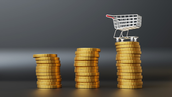 Foods inflation, CPI consumer price index. Shopping cart trolley on rising graph cost of living indicator. Rising foods cost and grocery price. Price rise concept on black background. 3D rendering.