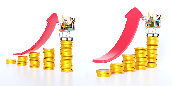 Set of foods inflation CPI consumer price index. Economic indicator red scale concept. Render shopping cart trolley on rising graph cost of living indicator. 3D rendering rising food cost and grocery.