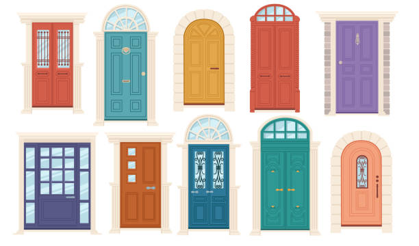 Set of different wooden doors with and without glass vector illustration on white background Set of different wooden doors with and without glass vector illustration on white background. blue front door stock illustrations