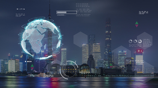 Smart city IoT network digital world metaverse, 3D AI artificial intelligence futuristic robot engineer digital technology security power energy saving sustainable environment co2 emissions