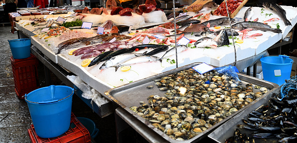 Fresh seafood at the Fish market in Palermo, Sicily, Italy.