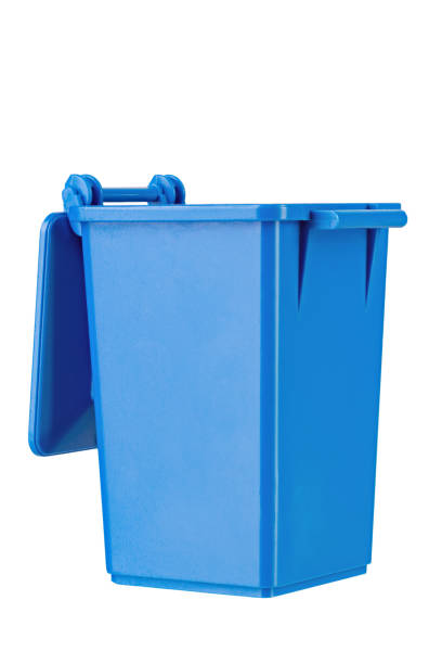 A new unbox blue large plastic bin  isolated on white background. Garbage container with a lid. Concept of cleaning, waste separation, and public hygiene