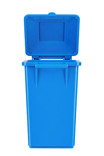 A new unbox blue large plastic bin  isolated on white background. Garbage container with a lid. Concept of cleaning, waste separation, and public hygiene. File contains clipping path.