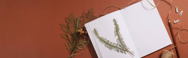istock Dried pressed leaf on paper from notebook with pencil , scissors and twine on brown background. hobby, handmade , floral art and boho concept. banner 1414758787