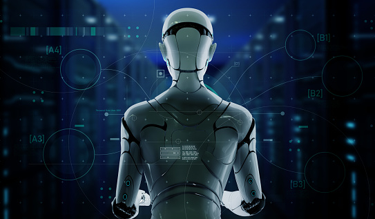3D humanoid AI robot, future futuristic IoT network AI artificial intelligence industry automated digital world metaverse augmented reality technology concept NFT cyber space online security VPN