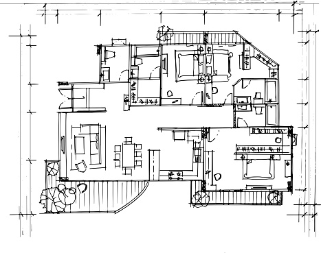 Line drawing of residential house plan,modern design,vector,2d illustration