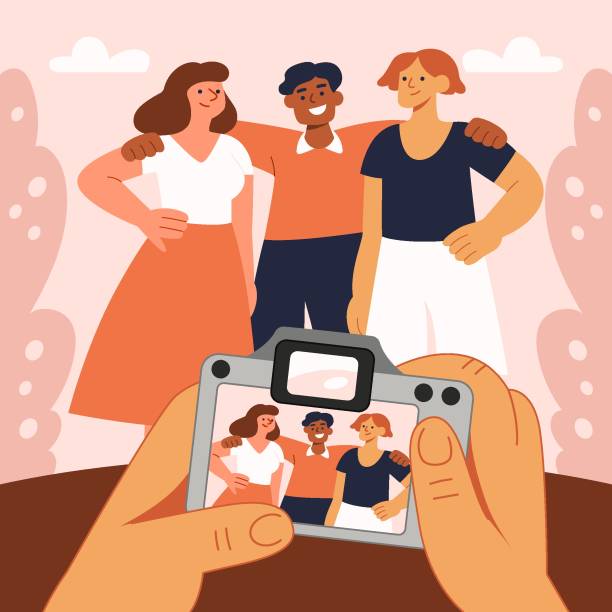 Photographer takes picture of three friends vector art illustration