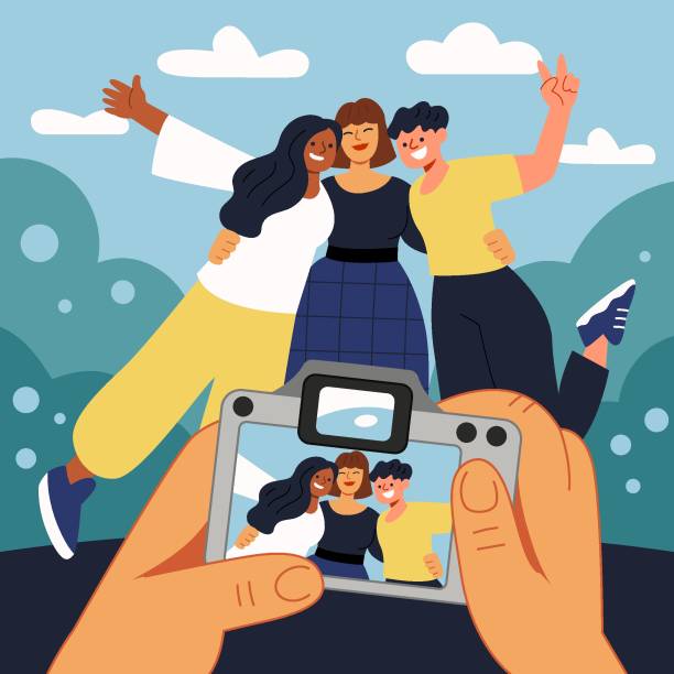 Photographer takes picture of three friends vector art illustration