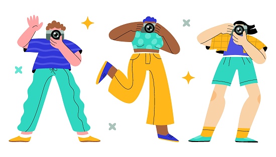 Male and female photographers stand in funny positions and take pictures or filming videos with cameras. World photography day. Full length characters. Flat hand drawn cartoon vector illustration