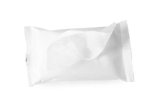 istock Open wet wipes flow pack isolated on white, top view 1414762641