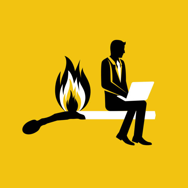 Burning work. Rush job. A businessman sitting on a burning match. Vector flat. Burning work. Rush job. A businessman sitting on a burning match. Symbol of the deadline. Finish the work on time. Vector illustration flat design. Isolated on white background. burnout stock illustrations