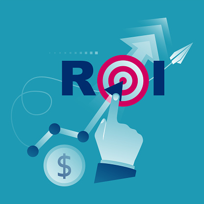 ROI concept. Return on investment. ROI business marketing. Profit income. Businessman managing financial chart. Vector illustration flat design. Isolated on white background. Analysis data.