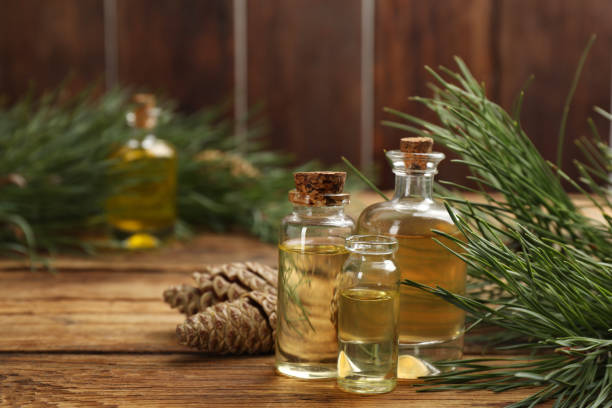 istock Pine essential oil, cones and branches on wooden table. Space for text 1414764139