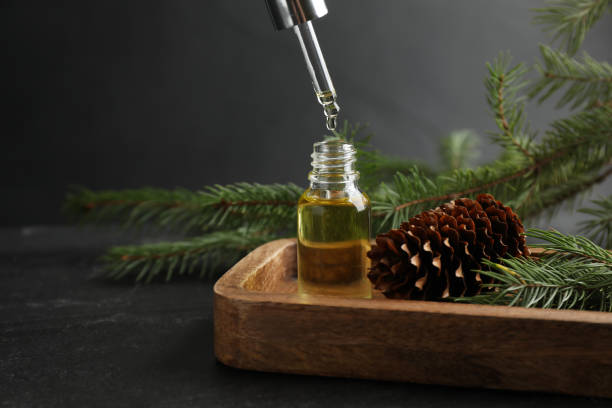 istock Pine essential oil, cone and branches on black table 1414764824