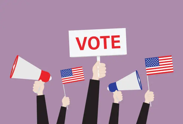 Vector illustration of Hands hold a voting sign, megaphone, and US flag for an election campaign