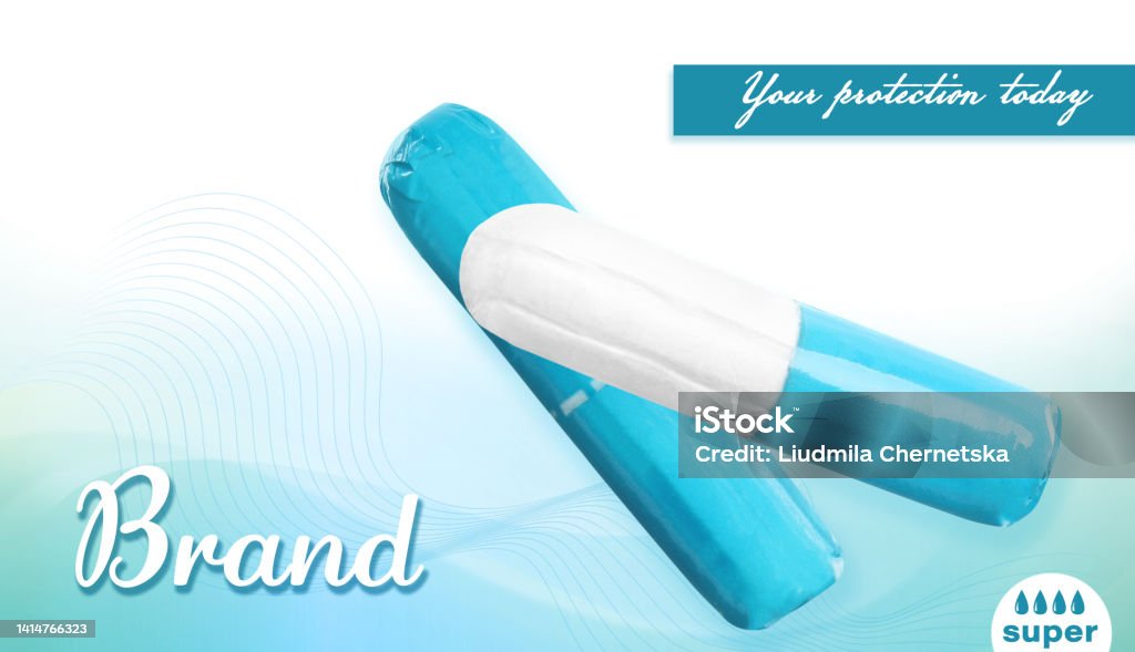 Tampons in turquoise packages on color background, banner design. Mockup for your brand Advertisement Stock Photo