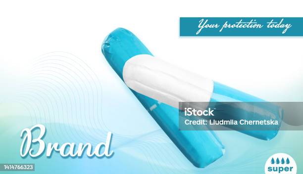 Tampons In Turquoise Packages On Color Background Banner Design Mockup For Your Brand Stock Photo - Download Image Now