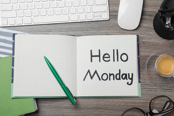 istock Message Hello Monday written in notebook, computer keyboard and cup of coffee on wooden desk, flat lay 1414766588