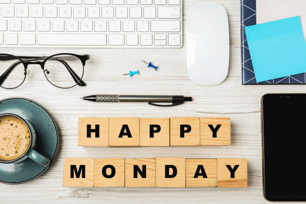 istock Flat lay composition with phrase Happy Monday made of cubes at workplace 1414766611