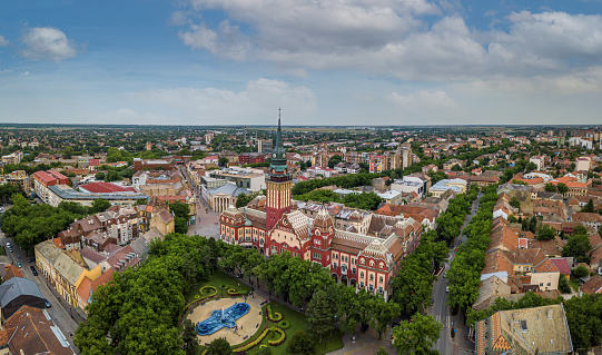 The drone aerial panoramic view of city Subotica, Serbia.