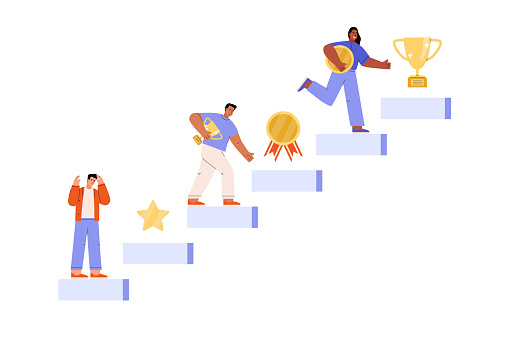 People climbing stairs and winning awards in the process of gaming, flat vector illustration isolated on white. Concept of gamification and engaging people in business or learning.