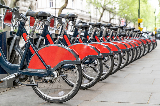 Row of bikes for rent in London, UK