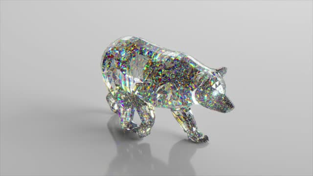 Diamond bear is walking. The concept of nature and animals. Low poly. White color. 3d animation of seamless loop