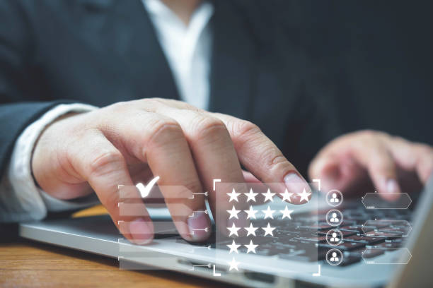 Customer review satisfaction feedback survey concept, User give rating to service experience on online application, Customer can evaluate quality of service leading to reputation ranking of business.