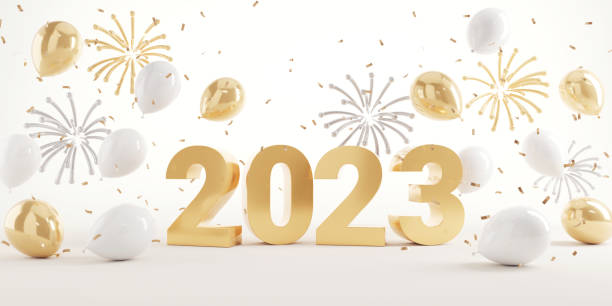 istock Golden 2023 3d text New Year with balloons fireworks and falling shiny confetti on white background, 3d render. 1414772872