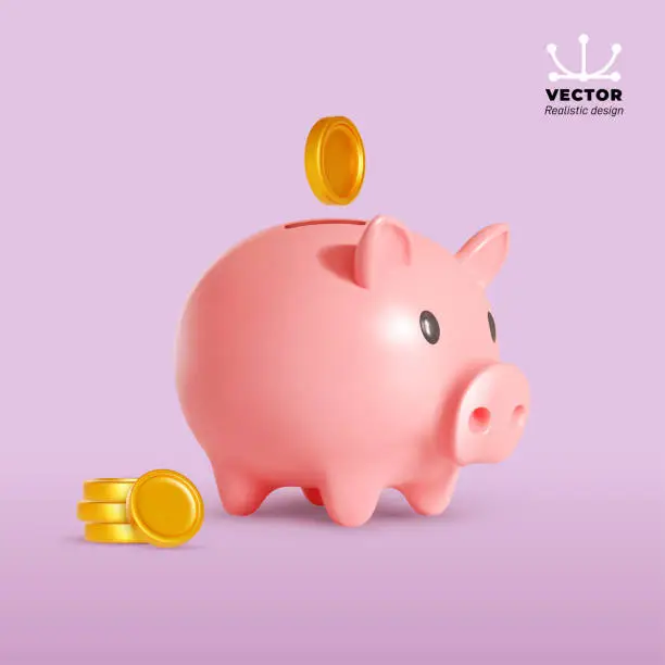 Vector illustration of Pig piggy bank and gold coins. Money creative business concept. Realistic vector 3d design. Financial services. Safe finance investment. Website Landing. Stability, security of money storage.