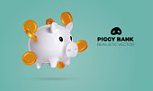istock Realistic Piggy bank with money creative business concept. White pig keeps gold coins. Keep and accumulate cash savings. Financial services. Safe finance investment. 3D design vector illustration. 1414774161