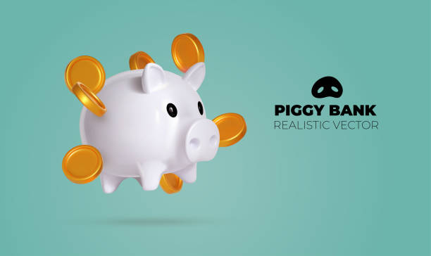 Realistic Piggy bank with money creative business concept. White pig keeps gold coins. Keep and accumulate cash savings. Financial services. Safe finance investment. 3D design vector illustration. Realistic Piggy bank with money creative business concept. White pig keeps gold coins. Keep and accumulate cash savings. Financial services. Safe finance investment. 3D design vector illustration. piggy bank stock illustrations