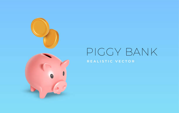 ilustrações de stock, clip art, desenhos animados e ícones de realistic vector gold coin fly around the piggy bank. symbol of profit and growth. design object for advertising sale. stability and security of money storage. vector illustration. - piggy bank savings coin bank investment