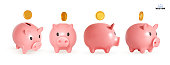 istock Set of piggy banks with gold coins. Symbol of profit and growth. Design object for advertising sale. Stability and security of money storage. Realistic vector illustration pink piggy bank collection. 1414774368