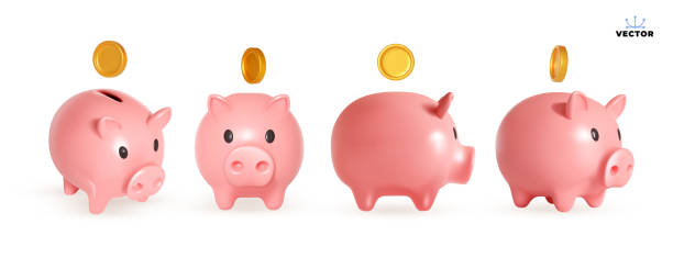 Set of piggy banks with gold coins. Symbol of profit and growth. Design object for advertising sale. Stability and security of money storage. Realistic vector illustration pink piggy bank collection. Set of piggy banks with gold coins. Symbol of profit and growth. Design object for advertising sale. Stability and security of money storage. Realistic vector illustration pink piggy bank collection. piggy bank stock illustrations