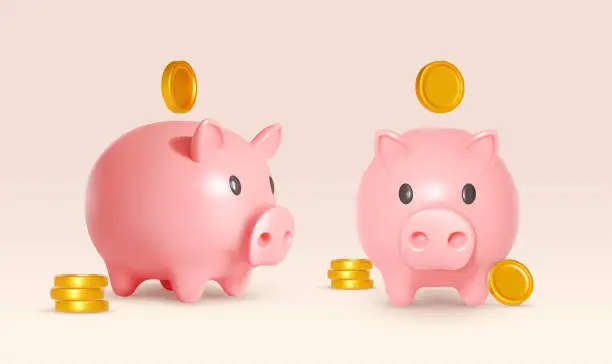 Vector illustration of Set of piggy bank and gold coins. Design concept of safe accumulation of capital or financial investment. Vector realistic. Gold coin fly around the piggy bank. Stability, security of money storage.