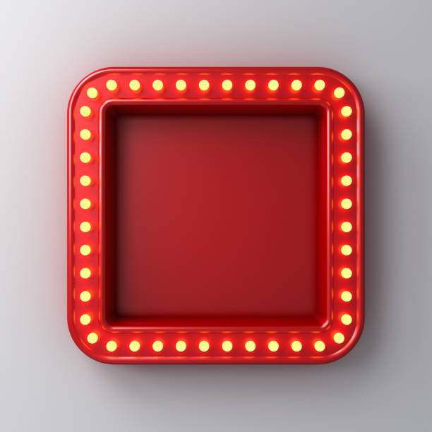istock Retro red square neon sign billboard with yellow light bulbs isolated on white grey wall background with shadow 3D rendering 1414775434