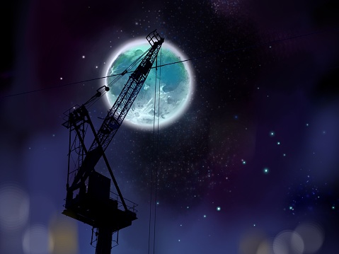 Silhouette background illustration of a city at night with a crane stretching out against a background of shining stars, a big shining full moon and clouds.