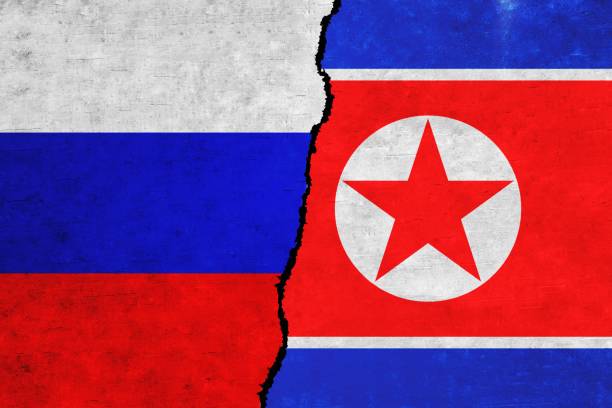istock Russia and North Korea painted flags on a wall with a crack. 1414778201