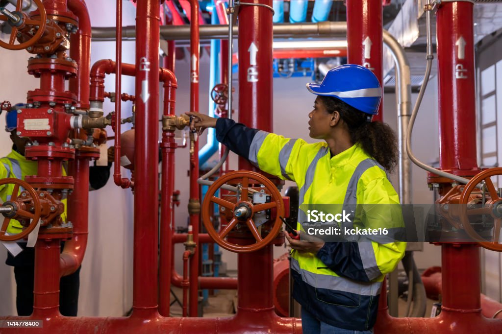 Sprinkles Engineer Engineer Or Technician Work Checking Fire Suppression System And Fire ...