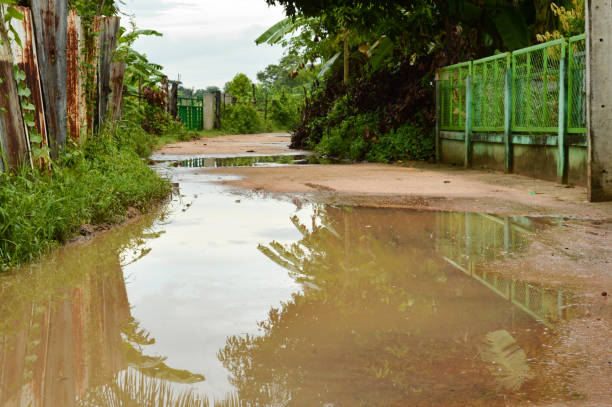 les eaux de crue piégées sur les routes après une tempête de fortes pluies concept drain obstrué aucun égout pendant la saison des pluies - tropical rain forest flash photos et images de collection