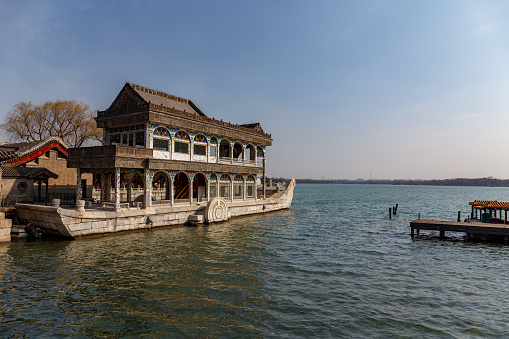 The Marble Boat Qing Dynasty pleasure pavillion at Kunming Lake at the Summer Palace in Beijing, China.