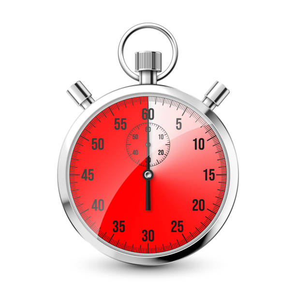 istock Realistic classic stopwatch icon. Shiny metal chronometer, time counter with dial. Red countdown timer showing minutes and seconds. Time measurement for sport, start and finish. Vector illustration 1414781954